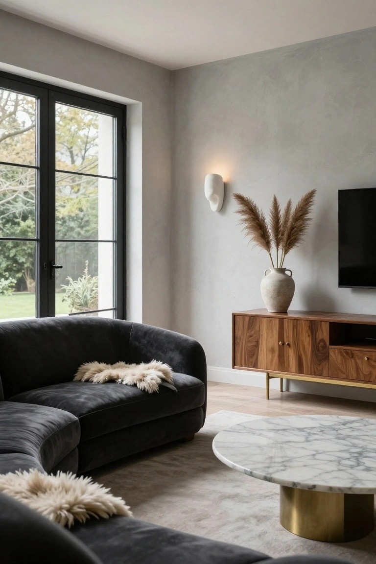 A living room featuring a dark curved sectional sofa, round marble coffee table, and wooden console table against a light gray wall.