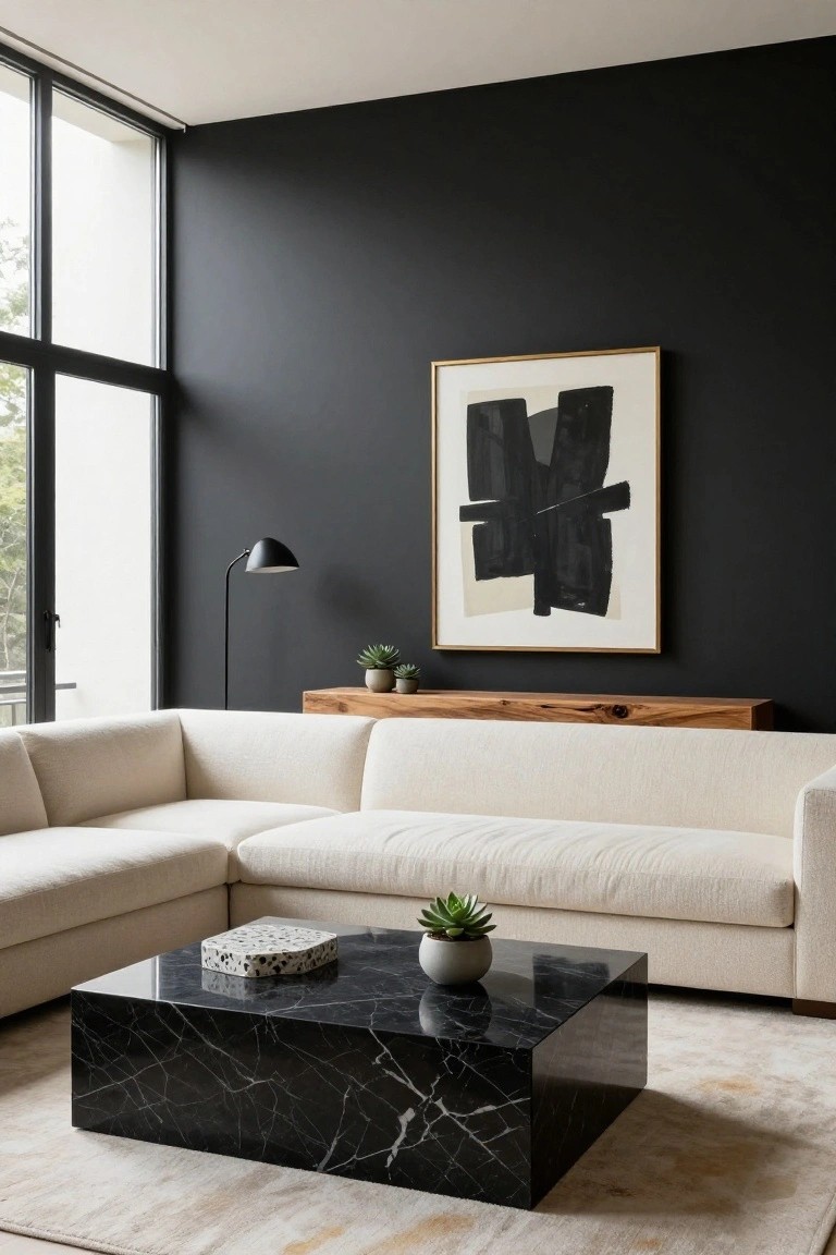 A living room featuring a black accent wall with a white sectional sofa, black marble coffee table, abstract art, and wooden console table.