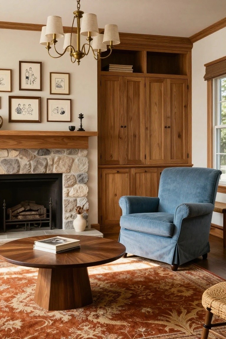 A living room with a stone fireplace, large wooden built-in cabinet, blue armchair, round wooden coffee table, and framed art on the wall above a patterned rug.