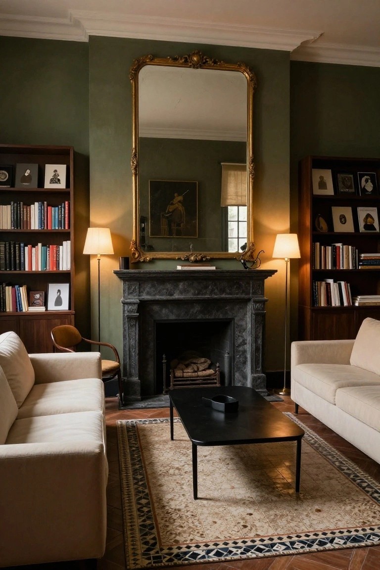 A living room with dark green walls, built-in wooden bookshelves on both sides of a marble fireplace, a large gold-framed mirror above the mantel, two floor lamps, and two cream sofas facing a black coffee table on a patterned rug.