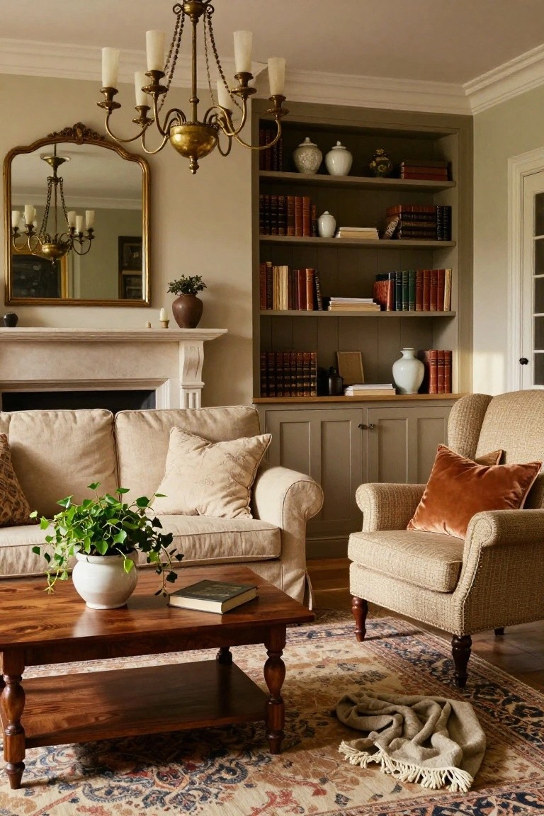 A living room featuring a neutral sofa, wooden coffee table, and built-in bookshelves painted the same muted green-gray as the walls.