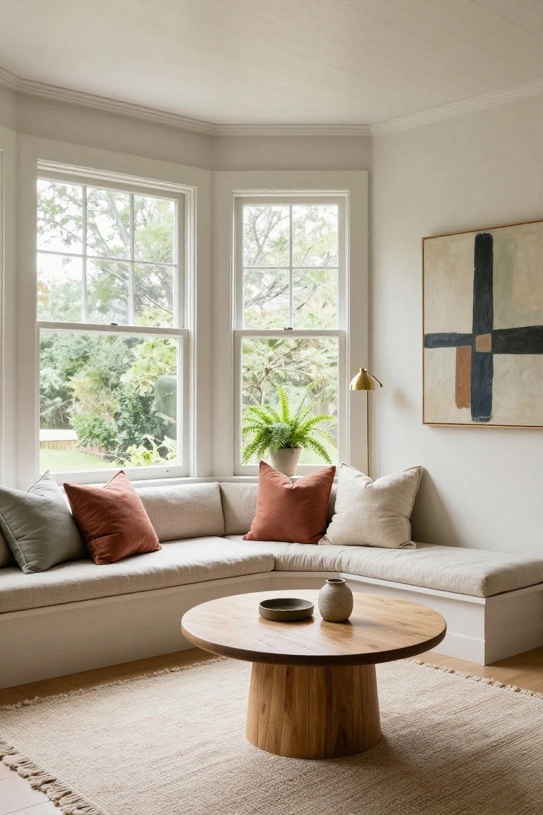 A living room corner with an L-shaped built-in window seat covered in neutral cushions, a round wooden coffee table on a woven rug, and abstract art on the wall.