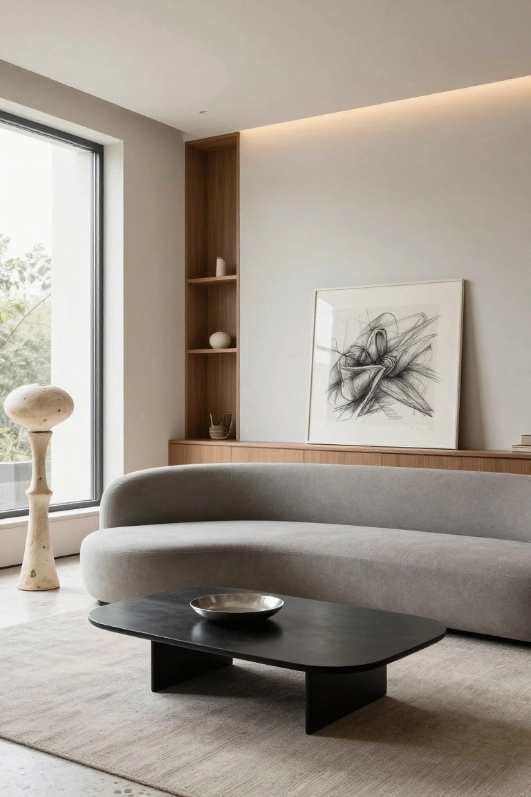 A living room featuring a curved gray sofa, black coffee table, wooden built-in shelves and cabinetry, and a large framed abstract drawing on the wall.