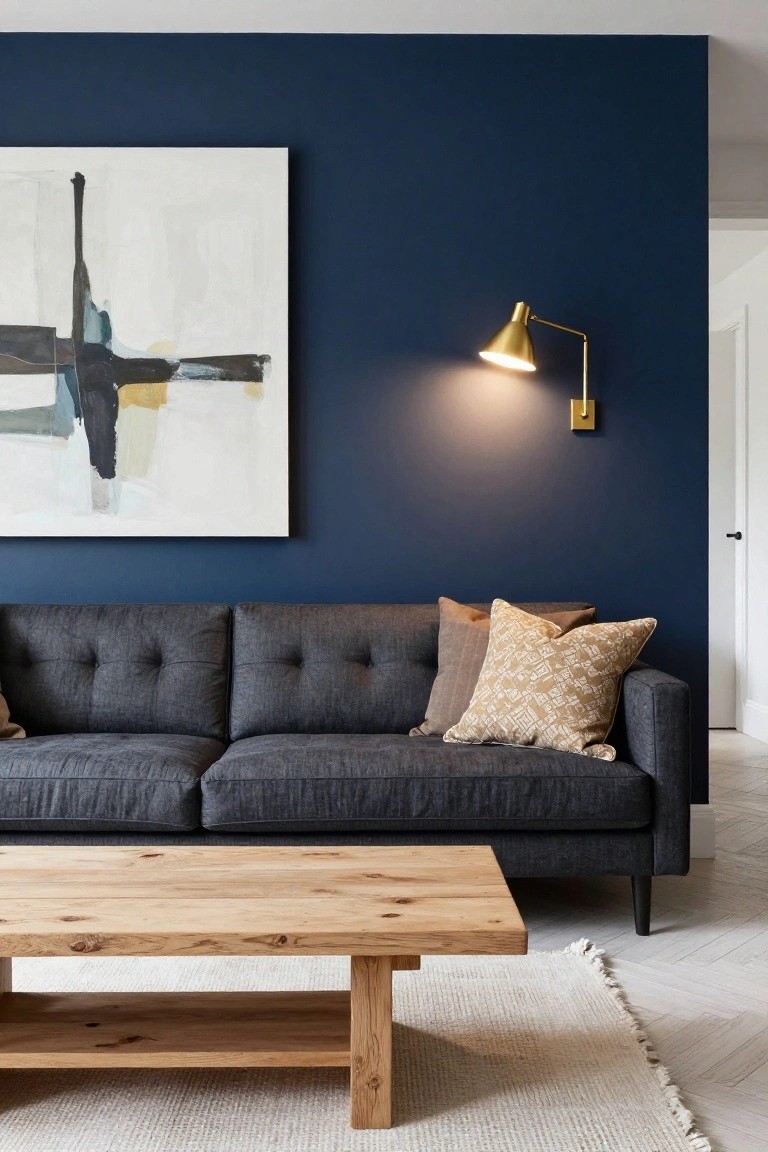 A living room featuring a dark blue accent wall with a gray sofa, wooden coffee table, abstract wall art, and a brass wall sconce.