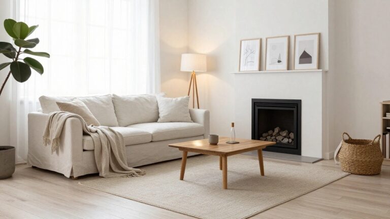 23 Elegant Living Room Decor Ideas for a Calm and Timeless Space A living room featuring a white linen sofa, a low wooden coffee table on a textured rug, a black fireplace mantel with framed art above it, and a potted plant near a window.
