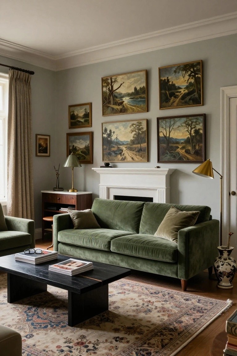 Green velvet sofa beside fireplace with landscape paintings, black coffee table on floral rug