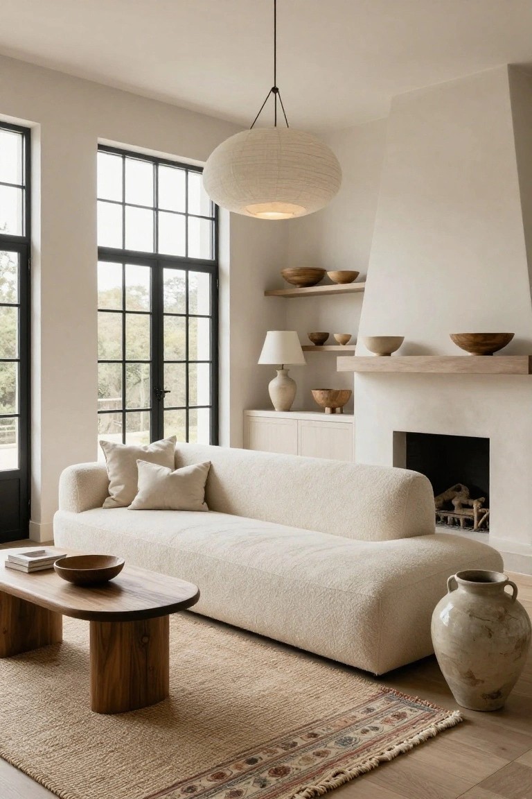 A living room featuring a large off-white sofa, wooden coffee table, fireplace with floating shelves, and large black-framed windows.