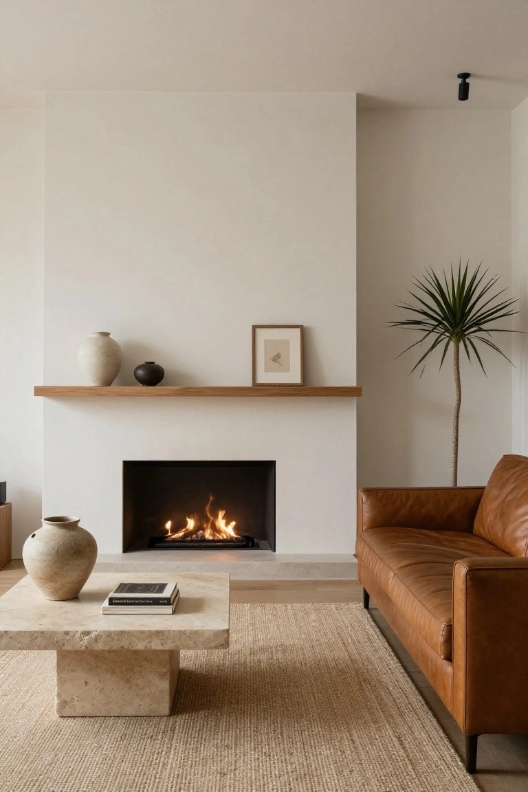 Minimalist living room with burning fireplace, leather sofa, marble table, and plant
