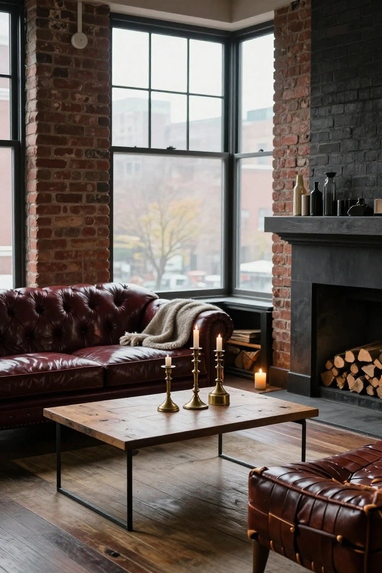 A living room featuring a red leather sofa, a wooden coffee table with brass candlesticks, and a brick fireplace beside large windows.