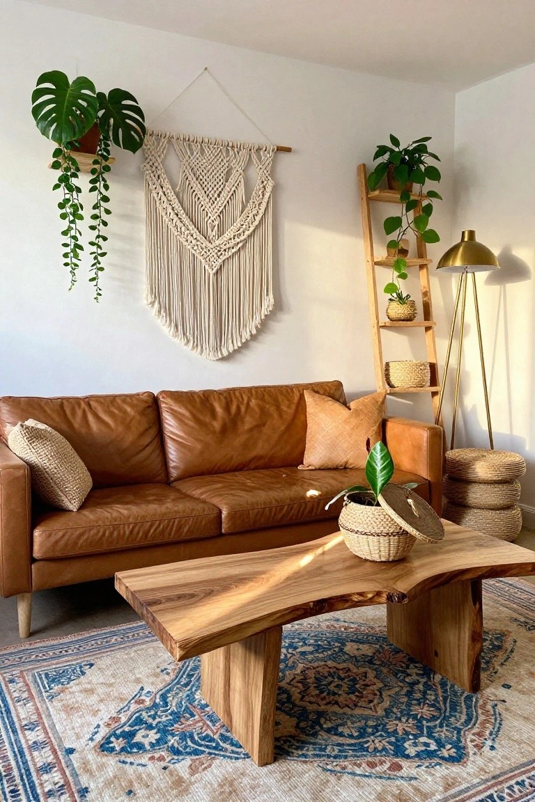 A living room with a brown leather sofa, a live edge wooden coffee table on a patterned rug, macrame wall hanging, and several houseplants.