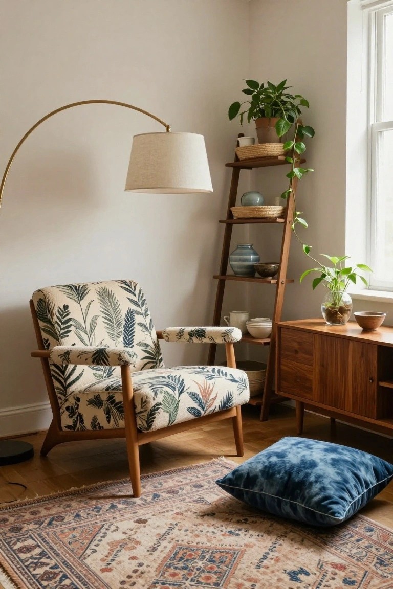 Leaf-patterned armchair beside arched lamp, wooden ladder shelf, and blue pillow on rug