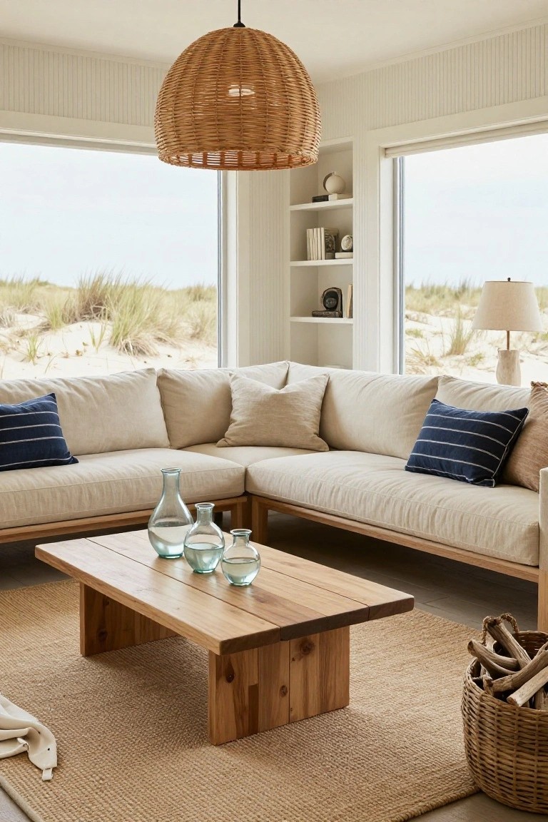 A bright living room with a large L-shaped beige sectional sofa, wooden coffee table holding glass vases, woven pendant light, and large windows showing sand dunes outside.