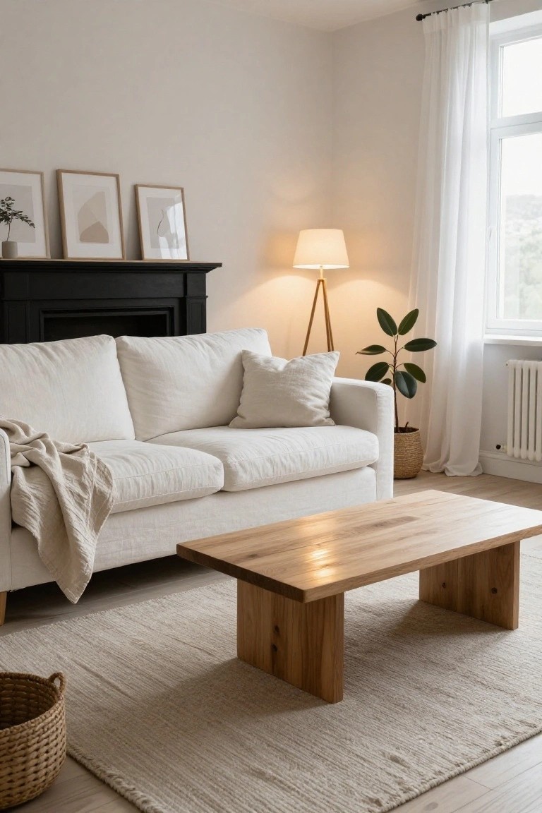A living room featuring a white linen sofa, a low wooden coffee table on a textured rug, a black fireplace mantel with framed art above it, and a potted plant near a window.