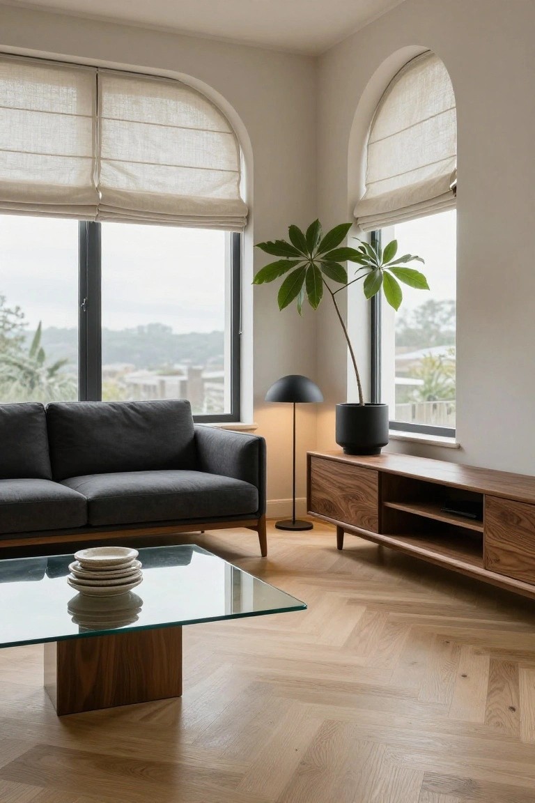 A living room with a dark gray sofa, wooden coffee table and media console, black floor lamp, potted plant, and large arched windows with rolled blinds.