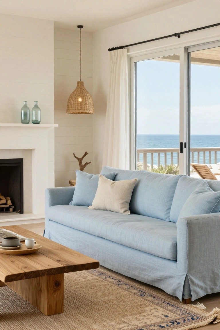 A light blue sofa with neutral pillows sits in a living room beside a wooden coffee table, with a fireplace on the left and ocean views through sliding glass doors.