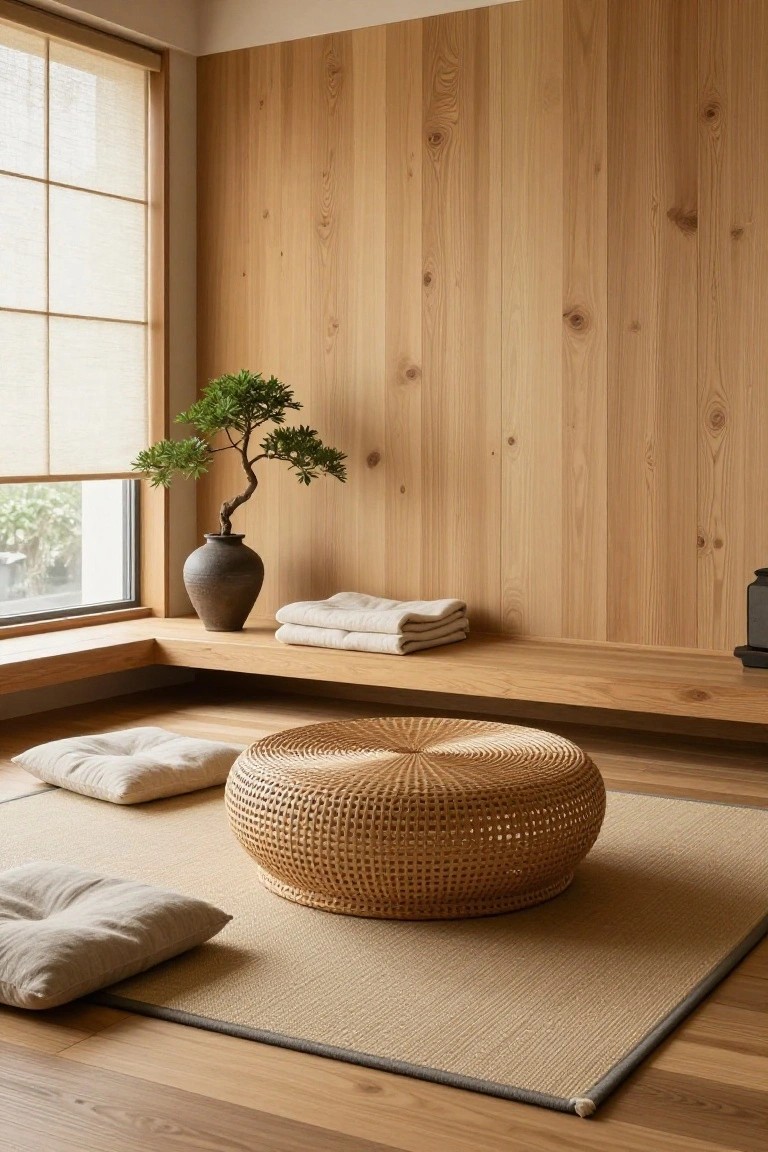 A minimalist interior with light wood walls, a low wooden bench holding a potted bonsai and folded linens, tatami flooring, and woven and fabric floor cushions.