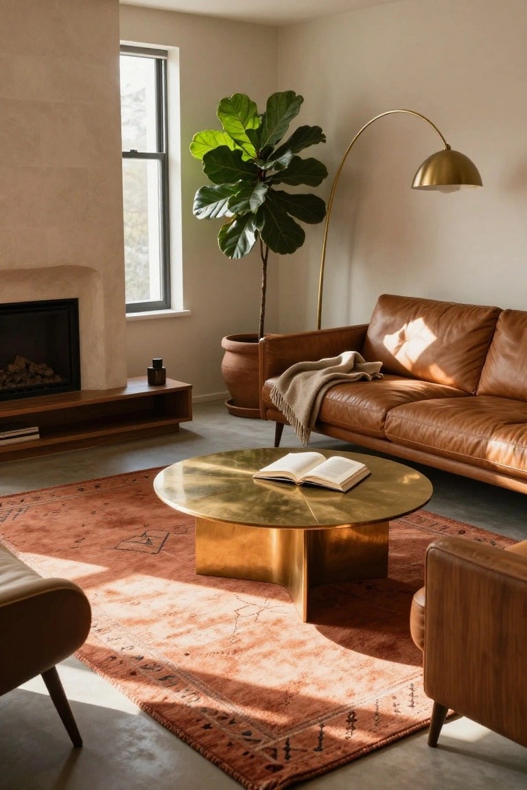 A living room with a large terracotta area rug under a round brass coffee table, a brown leather sofa, a fiddle leaf fig plant, and a fireplace.