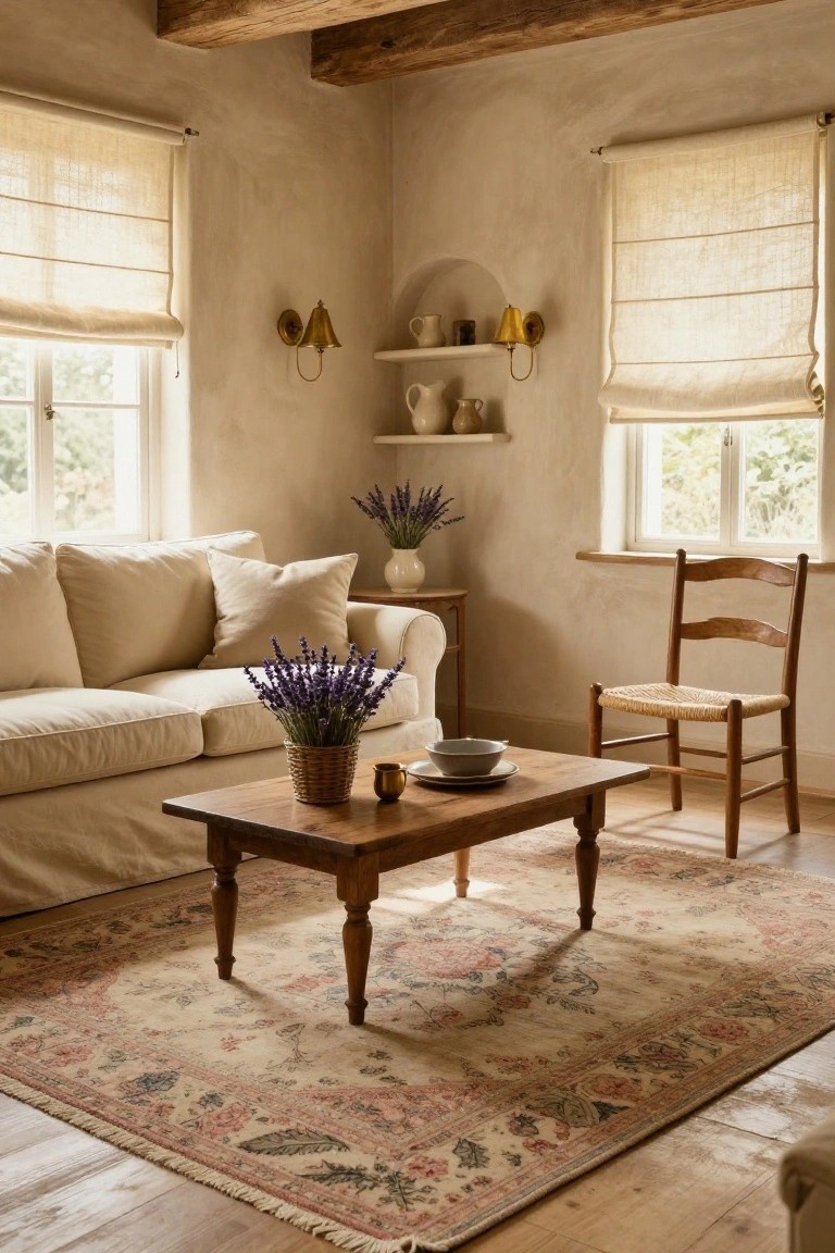 A living room with an off-white sofa, wooden coffee table on a floral rug, wooden chair, and windows with rolled linen blinds.