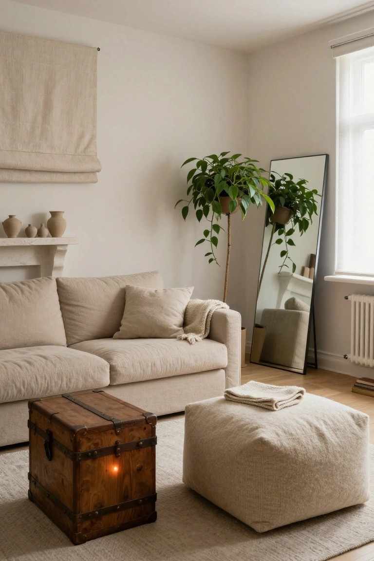 A living room featuring a beige sofa, a wooden trunk with metal hardware used as a table, and a large fabric ottoman on a light rug.