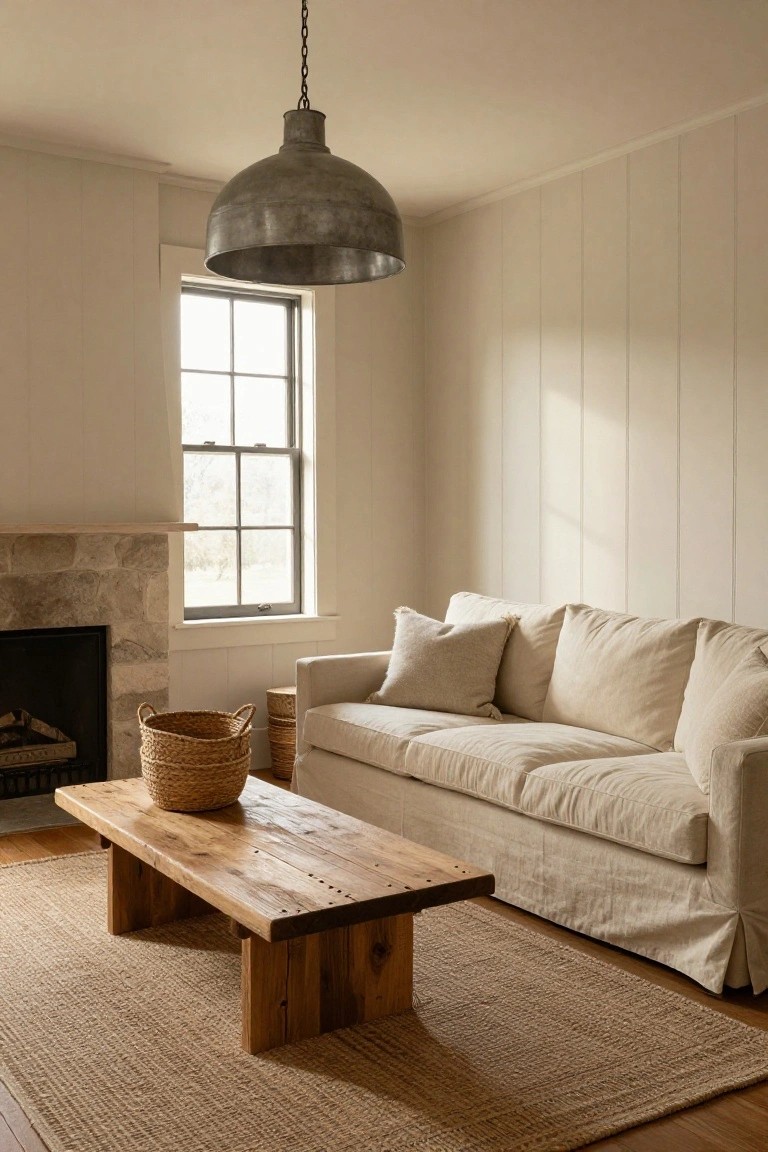 A living room featuring a beige linen sofa, wooden coffee table on a jute rug, stone fireplace, and large metal pendant light near a window.