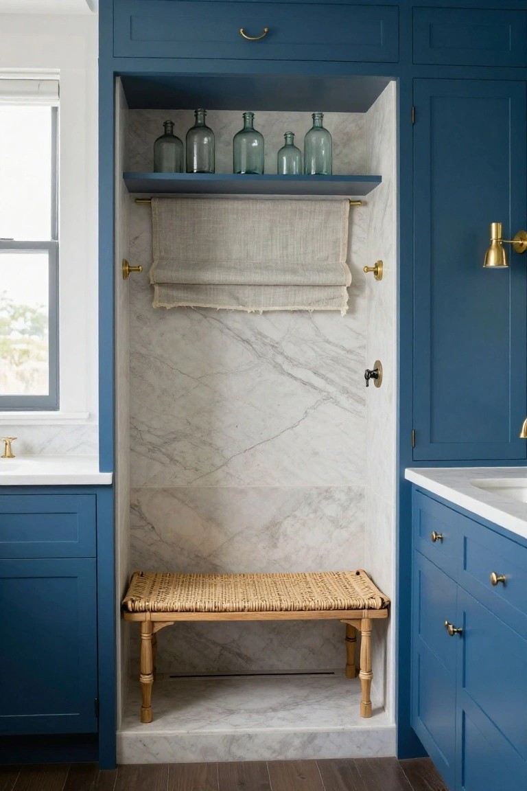 A marble-lined bathroom alcove with a woven bench, towel bar, and glass bottles on a blue shelf.