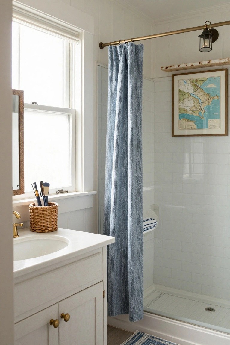A bathroom with a blue textured shower curtain hanging from a brass rod, white subway tile walls, a white vanity with a woven basket, and a window on the left.
