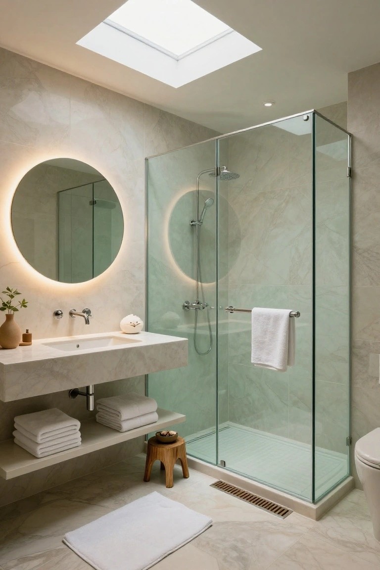 A bathroom interior with marble tile walls and floor, a floating vanity, round backlit mirror, glass shower enclosure, and large skylight in the ceiling.