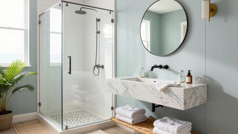A bathroom with a marble sink on a wooden open-shelf vanity, round mirror above, and towels stored on the shelves below.