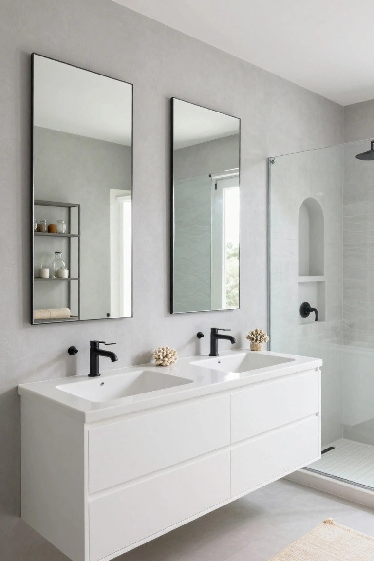 A modern bathroom shows a long white floating double vanity with two black faucets, two tall mirrors above it, and a glass shower enclosure on the right.