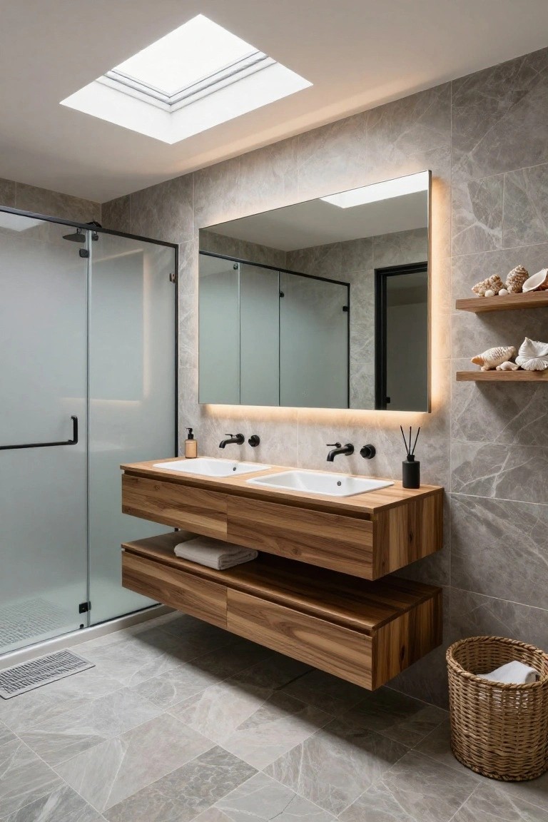 A bathroom with a floating two-tier wooden double vanity, two white sinks, black faucets, and a large backlit mirror on a gray tiled wall next to a glass shower.