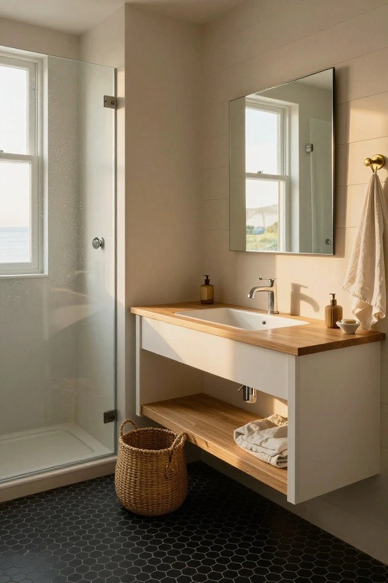 A bathroom interior with a floating white vanity featuring a wooden countertop and open lower shelf holding folded towels, positioned next to a glass shower door on black hexagonal tile flooring.