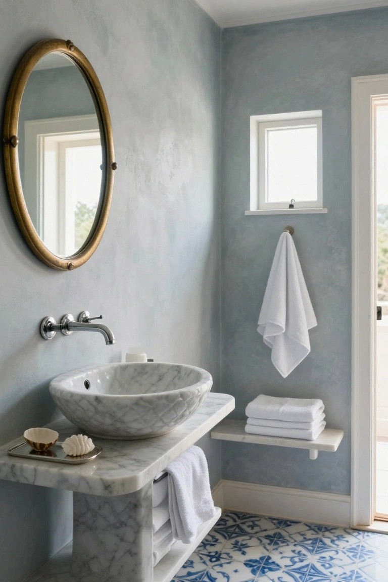 A coastal bathroom featuring a marble vessel sink vanity with open shelving, a round brass mirror, textured blue walls, and blue patterned floor tiles.