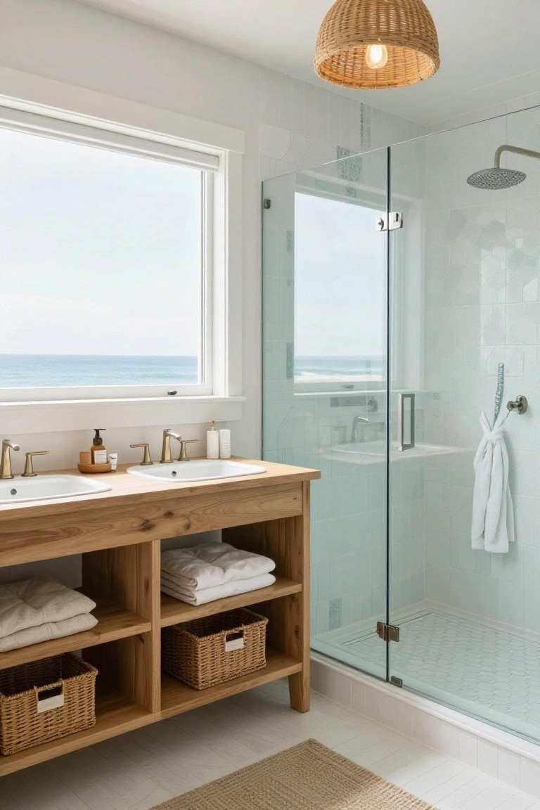 Coastal bathroom with wooden double vanity, ocean-view window, and glass shower