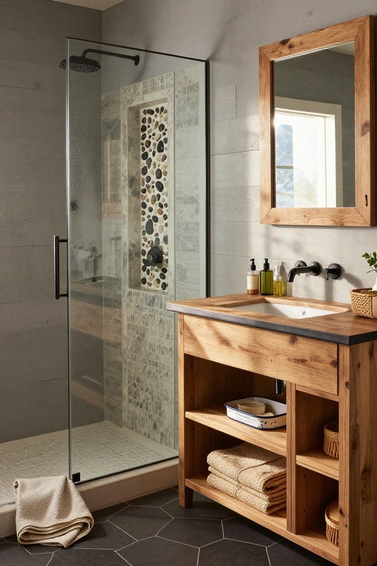 A bathroom with a rustic wood vanity featuring open lower shelves holding folded towels and a glass shower with pebble tile accent.
