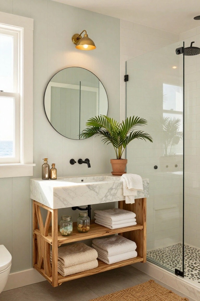 A bathroom with a marble sink on a wooden open-shelf vanity, round mirror above, and towels stored on the shelves below.