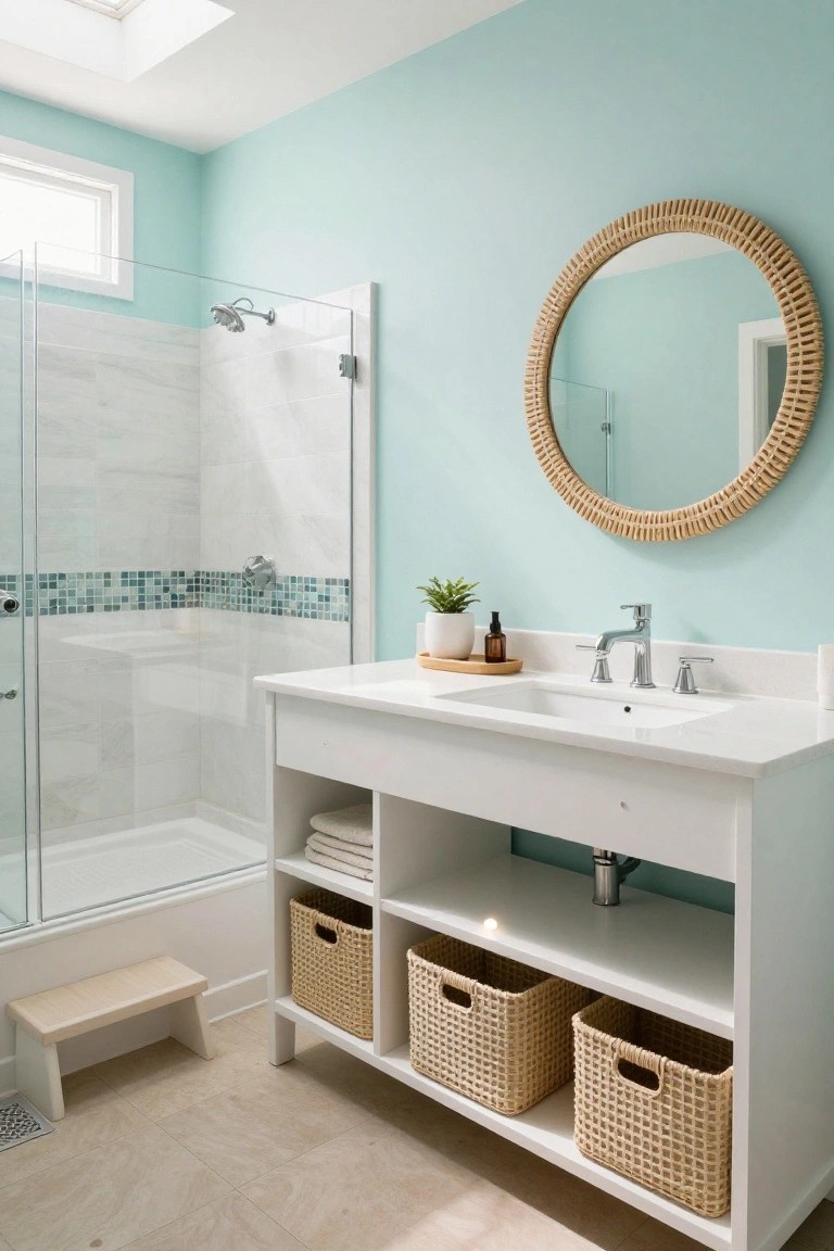 Modern bathroom with white vanity, round mirror, glass shower, and storage baskets.