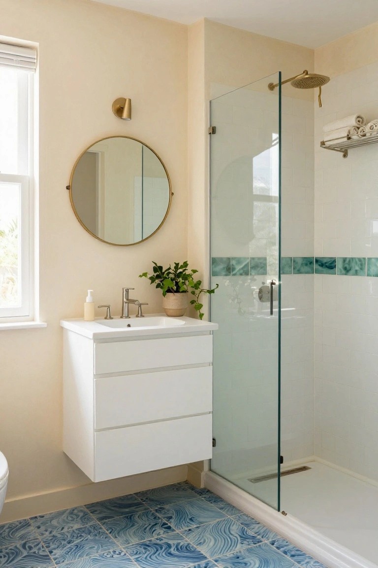 A bathroom interior showing a white floating vanity with round mirror, a glass shower with white subway tiles and teal accents, and blue patterned floor tiles.