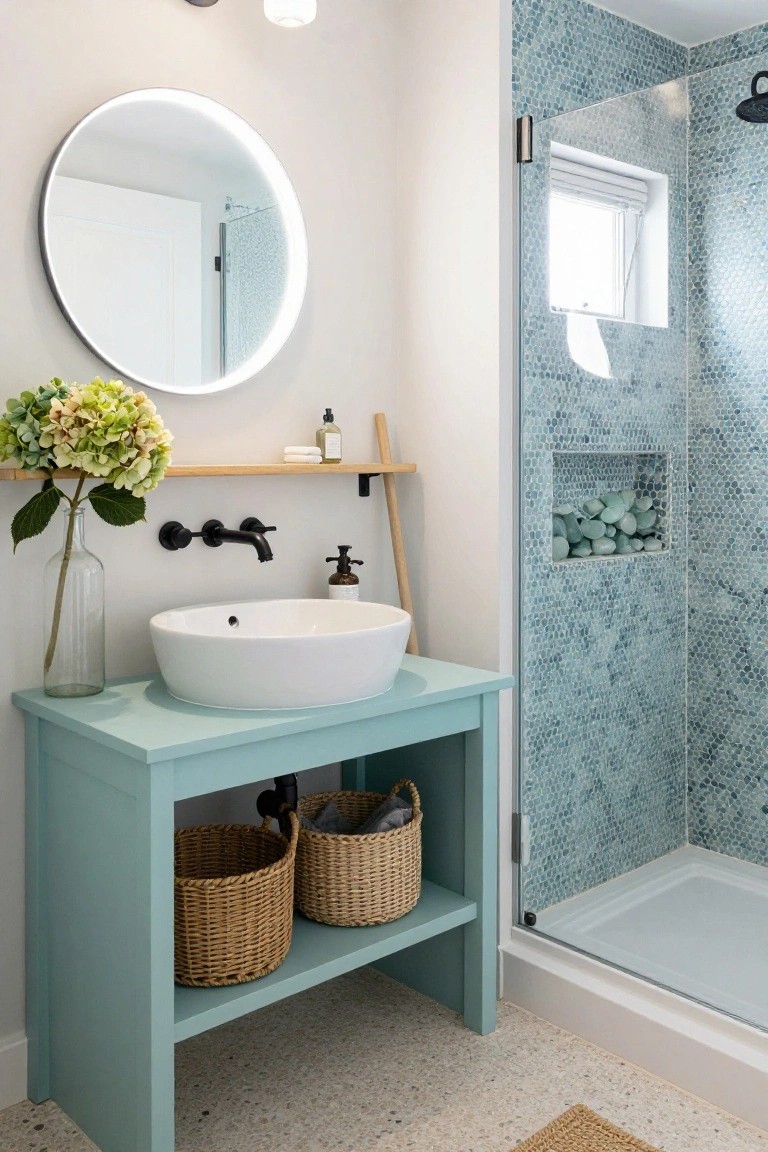 A bathroom with a light blue vanity, white vessel sink, round illuminated mirror, and a shower area with blue mosaic tiles.