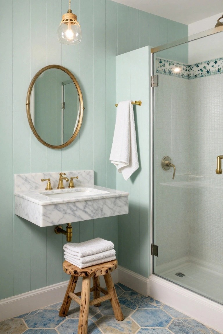 A bathroom interior with light blue vertical paneled walls, a white marble floating vanity with brass fixtures, a round gold-framed mirror, a wooden stool with folded towels, and a glass shower enclosure.
