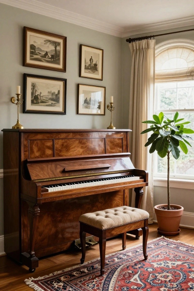 A wooden upright piano with a tufted bench sits against a pale blue wall beneath four framed artworks, with a potted plant near a window on a red patterned rug.