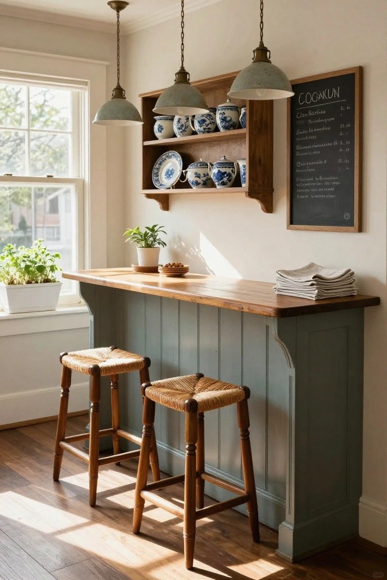 Rustic wooden bar with woven stools, blue china shelf, pendant lights, and chalkboard menu.
