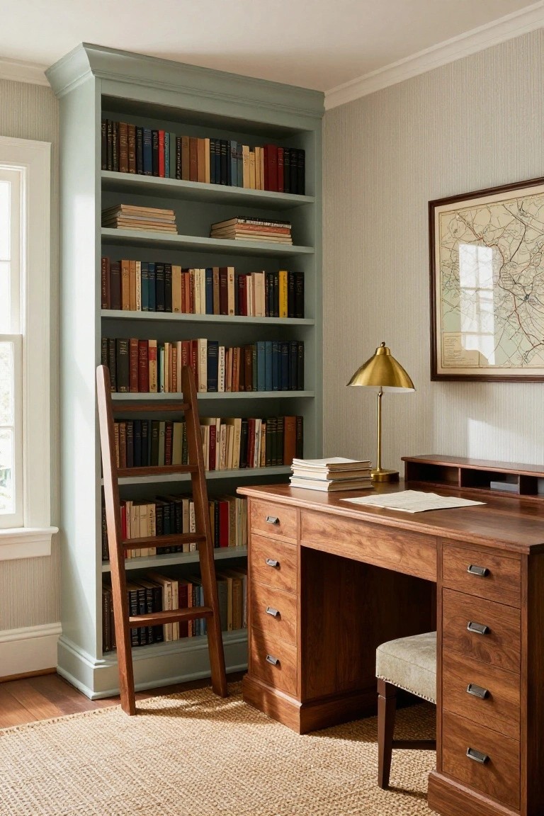 A home office featuring built-in sage green bookshelves filled with books, a wooden rolling ladder, a wooden desk with drawers, and a brass desk lamp.