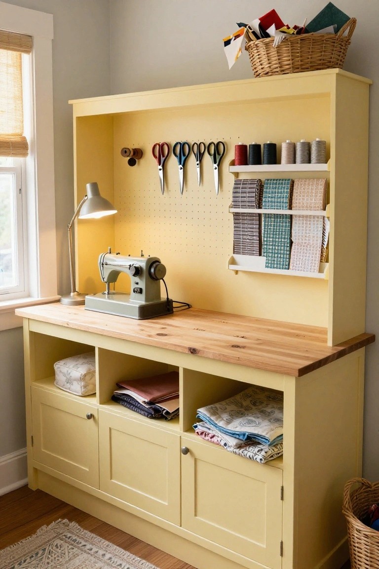 Yellow sewing hutch with machine, pegboard tools, fabric shelves, and wooden counter.