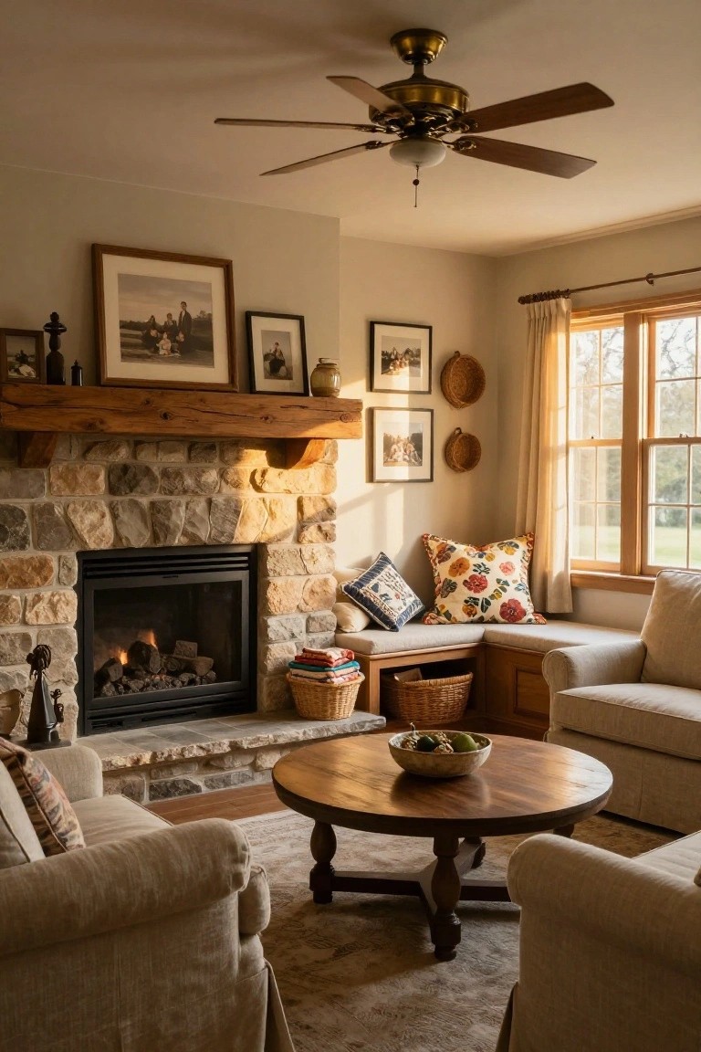 Cozy living room with stone fireplace, round wooden table, ceiling fan, and window seat