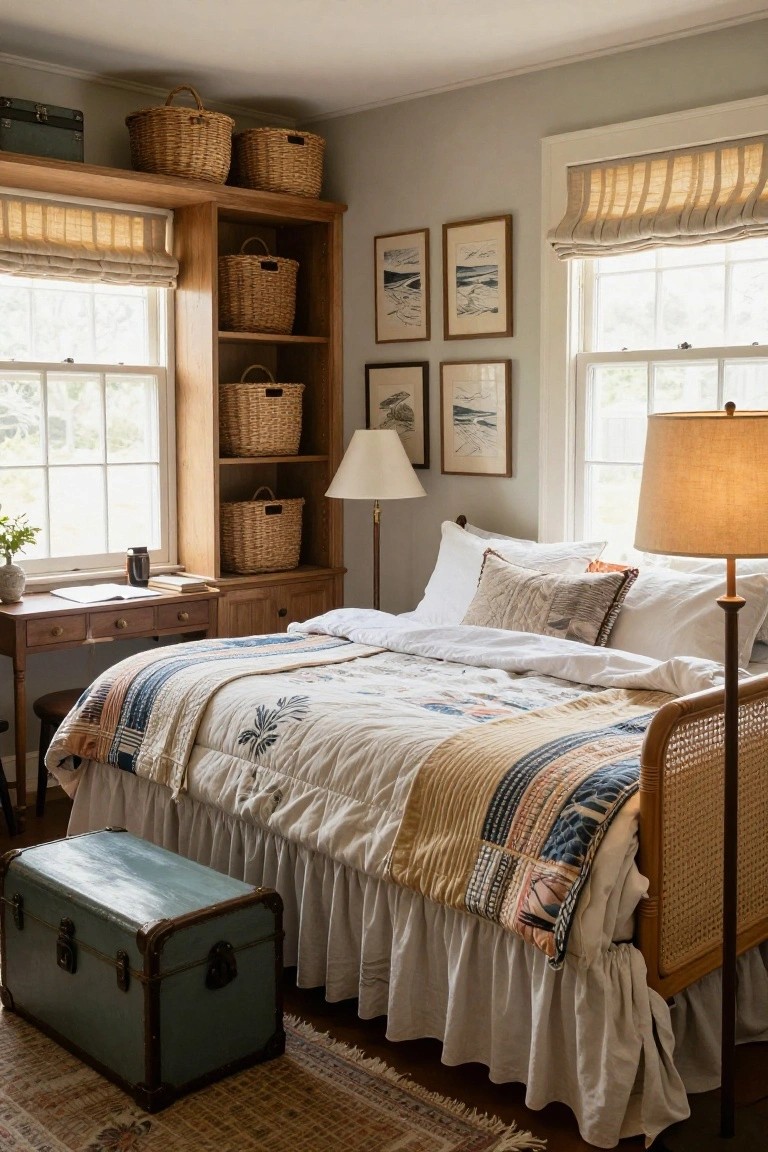 Cozy bedroom with rattan bed, patchwork quilt, woven baskets on shelves, and blue trunk.