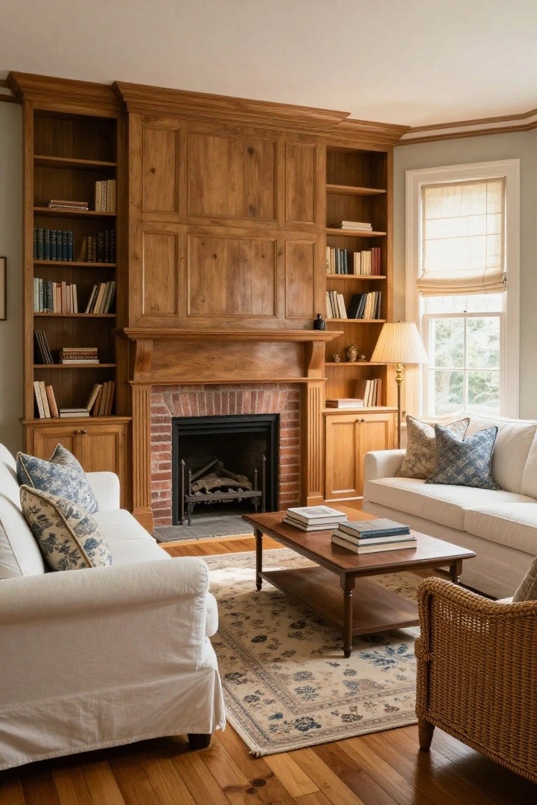 A living room featuring wooden built-in bookshelves and cabinets surrounding a brick fireplace, with white sofas and a wooden coffee table on a patterned rug.