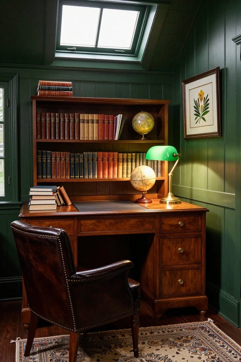 A wooden built-in desk and bookshelf unit filled with books beneath dark green paneled walls, with a brown leather chair in front.