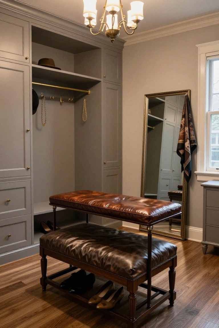 Gray closet with brown leather benches, full-length mirror, chandelier, and wooden floor