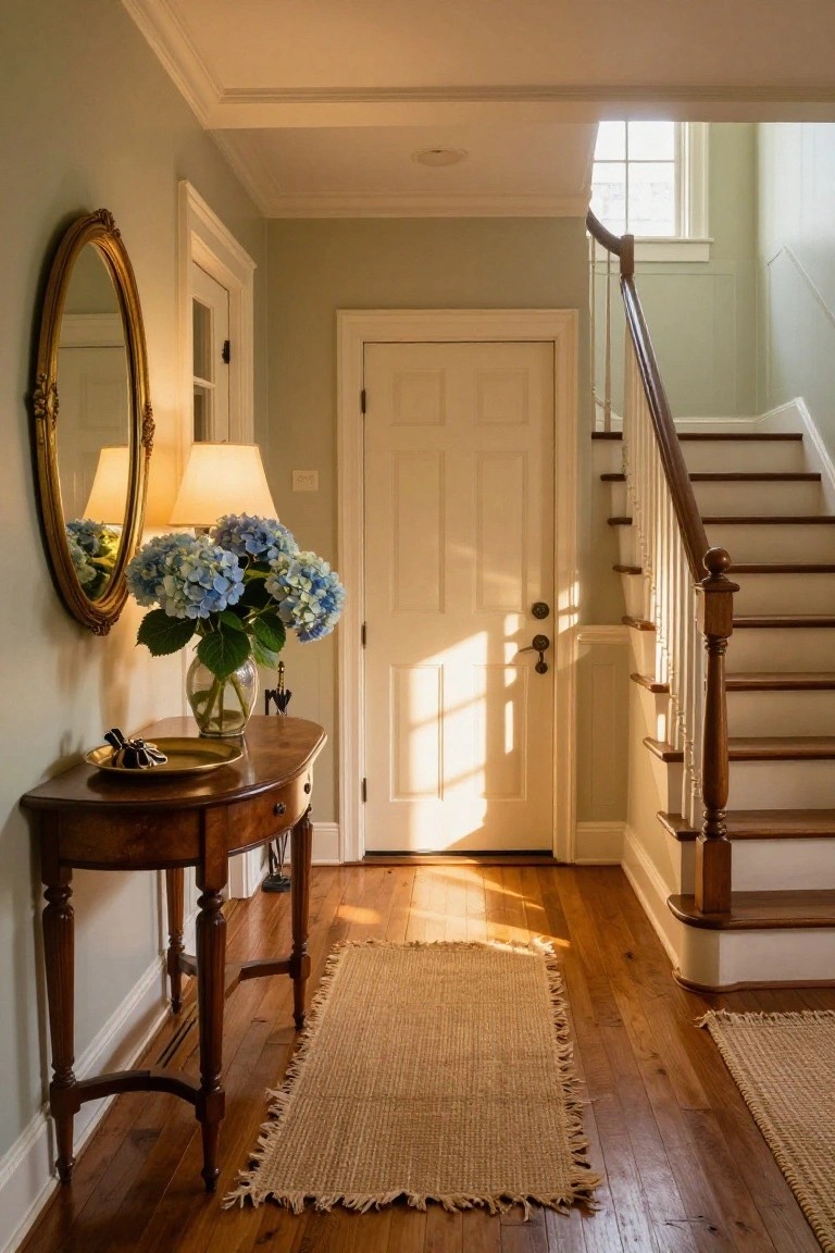 Sunlit foyer with white door, wooden stairs, gold mirror, and blue hydrangeas.