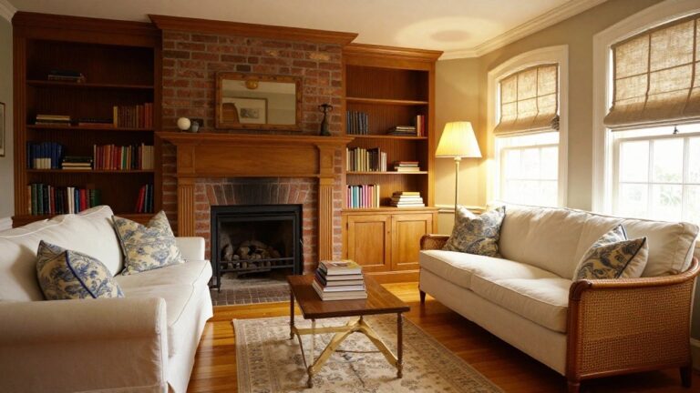 A living room featuring wooden built-in bookshelves and cabinets surrounding a brick fireplace, with white sofas and a wooden coffee table on a patterned rug.